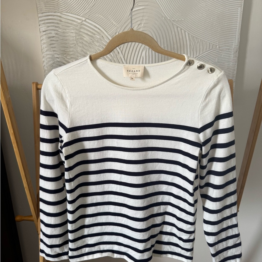 Sezane White and Black Striped Long Sleeve Top
